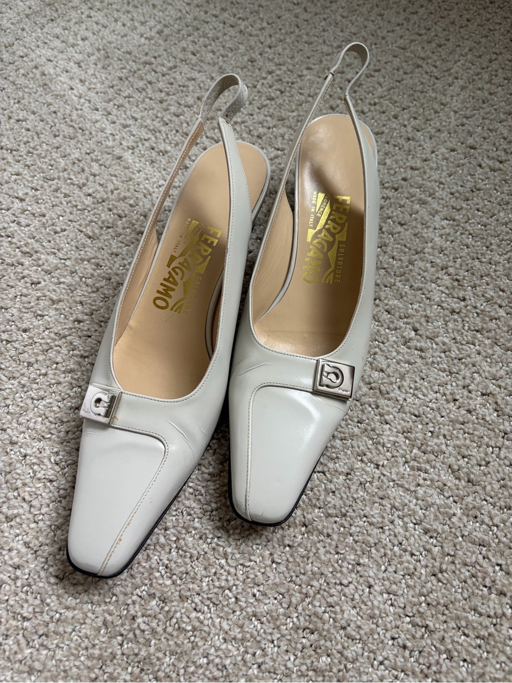 Salvatore Ferragamo White Leather Slingback Pumps with Gancini Accent